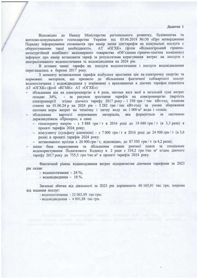 Проєкт тарифів на послуги з водопостачання та водовідведення філії "ВГМК" АТ "ОГХК"