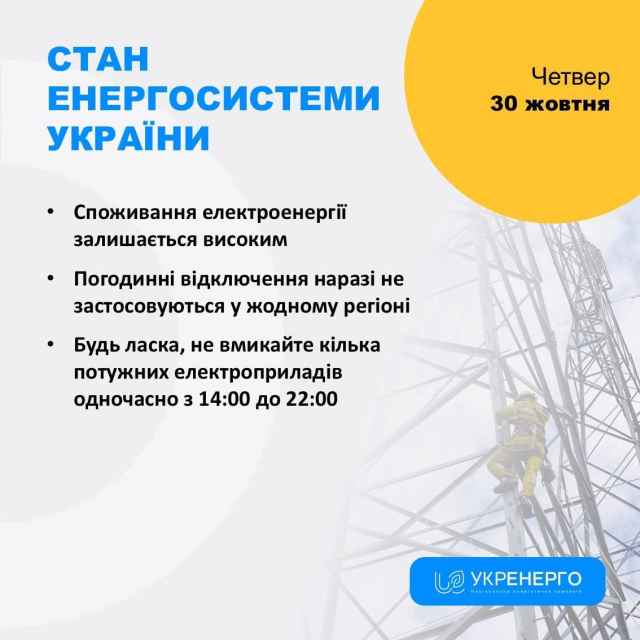 Графік стабілізаційних погодинних відключень на 30.10.2025