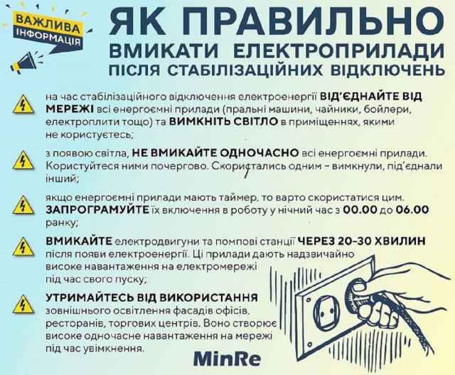Як безпечно використовувати електроприлади після відновлення електропостачання?