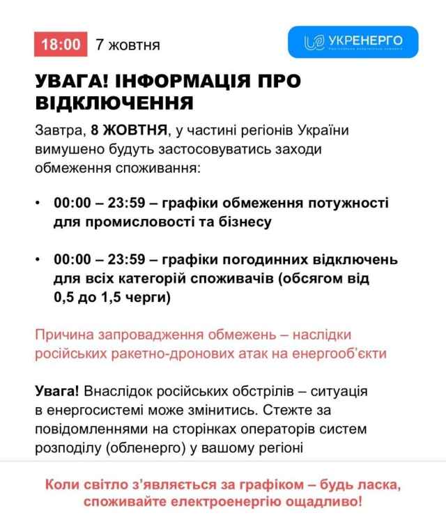 Інформація про відключення 08.10.2026